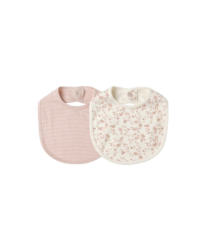 Two baby bibs, one striped and one floral, on a white background