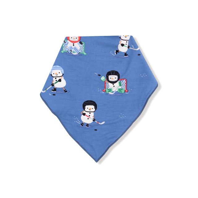Blue fabric with hockey-themed snowman designs on a white background