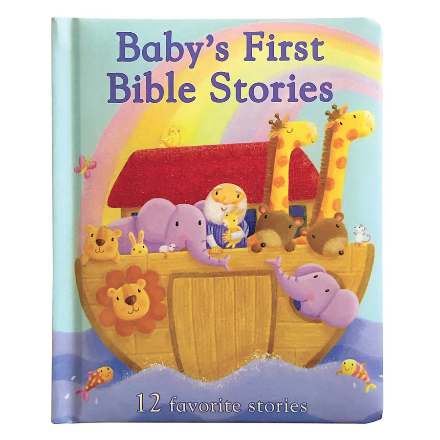 Children's book titled 'Baby's First Bible Stories' with a colorful illustration of Noah's Ark on the cover.