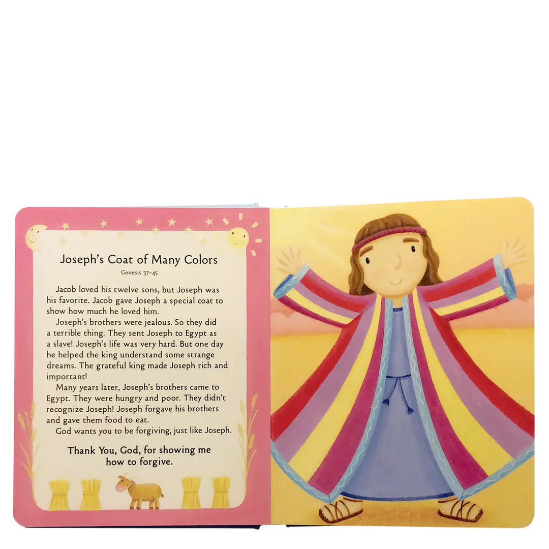 Children's book open to a page about Joseph's Coat of Many Colors with colorful illustration.