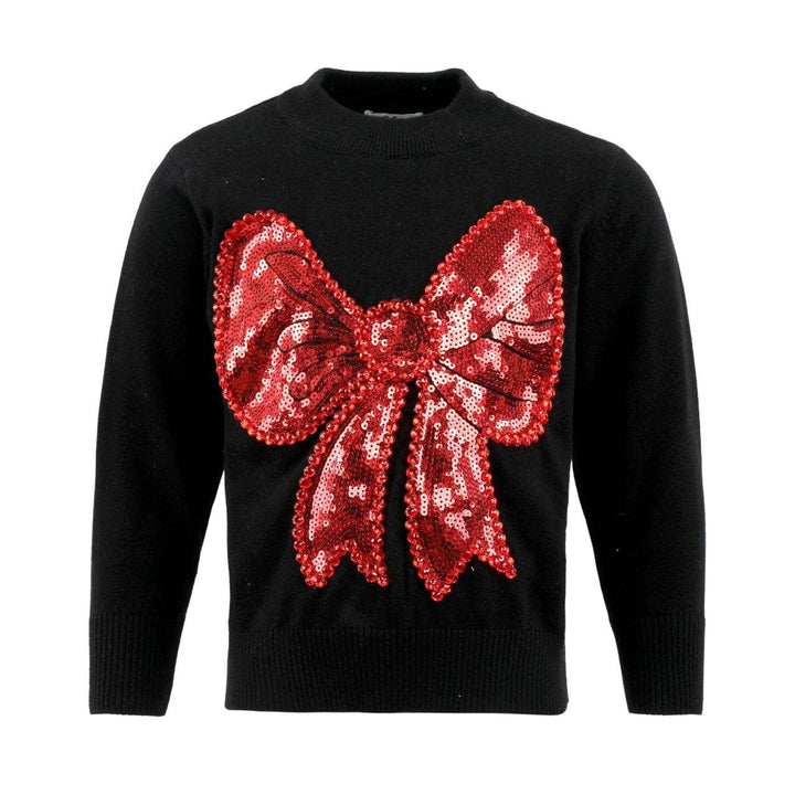 Black sweater with a large red sequin bow on a white background