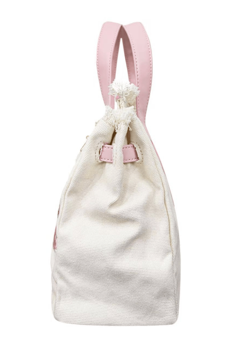 White drawstring bag with pink straps on a white background