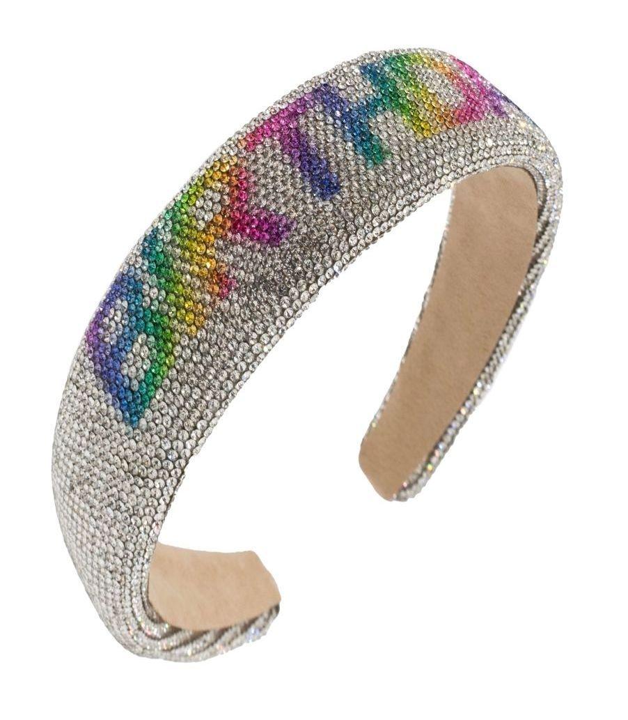 fully crystallized headband with the word Birthday written along the top in rainbow letters