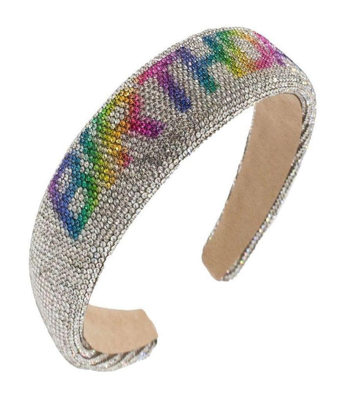 fully crystallized headband with the word Birthday written along the top in rainbow letters