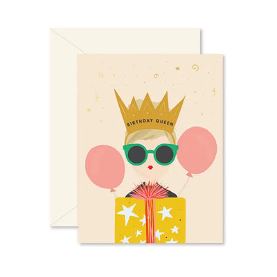 birthday card with a girl with blonde hair and gold crown, green sunglasses and pink balloons. 