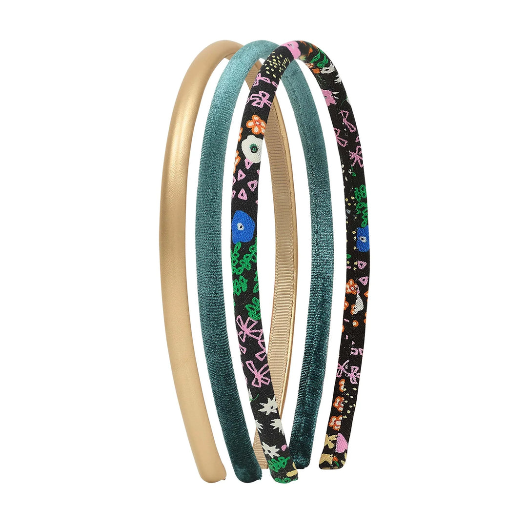 Set of four colorful headbands with floral patterns on a white background