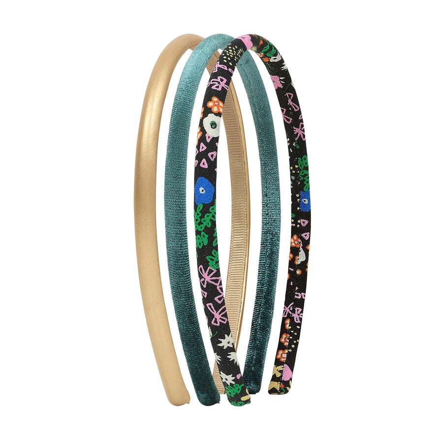 Set of four colorful headbands with floral patterns on a white background