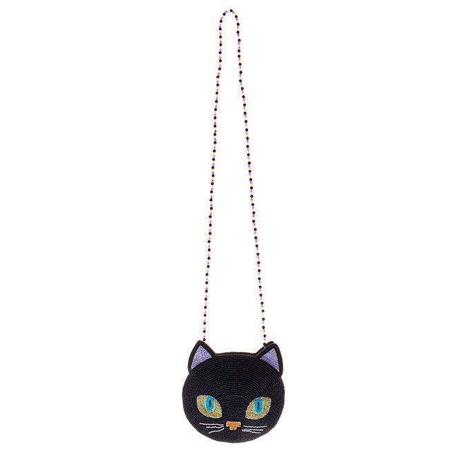 beaded bag in the shape of a black cat, gold eyes with the center being blue/green in color. 