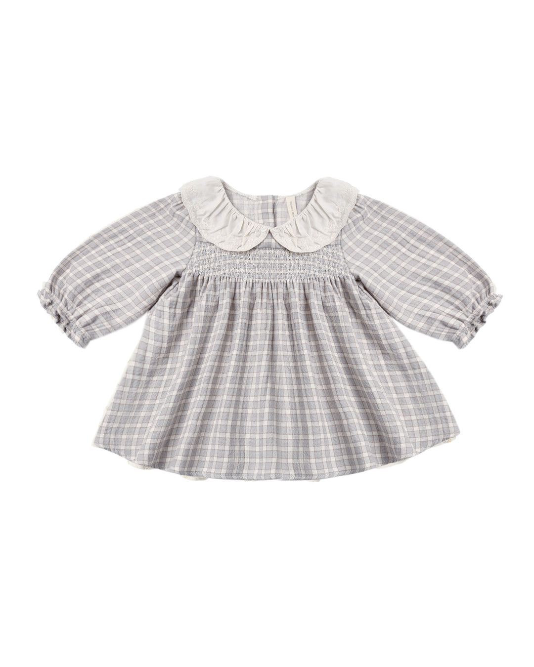 Baby dress with checkered pattern and white collar on a white background