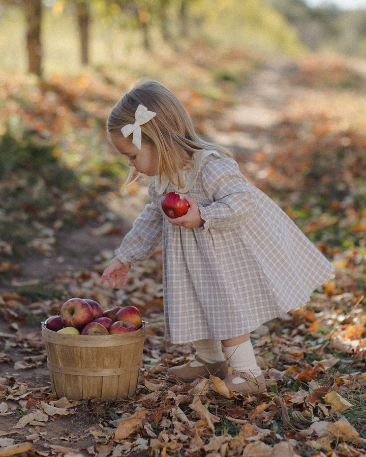 A young girl in a beige and white checkered dress stands in an autumn orchard, holding a red apple next to a wooden basket filled with apples.