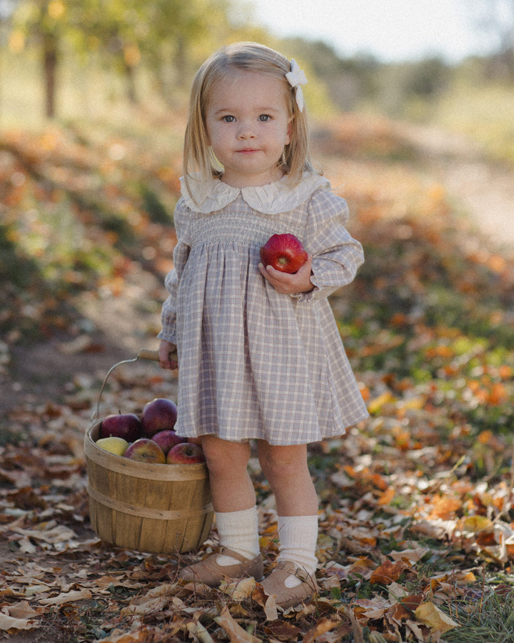 A young girl stands outdoors in a leaf-covered path holding a red apple, wearing a long-sleeve plaid dress with a white Peter Pan collar. A small wooden basket filled with apples sits beside her.