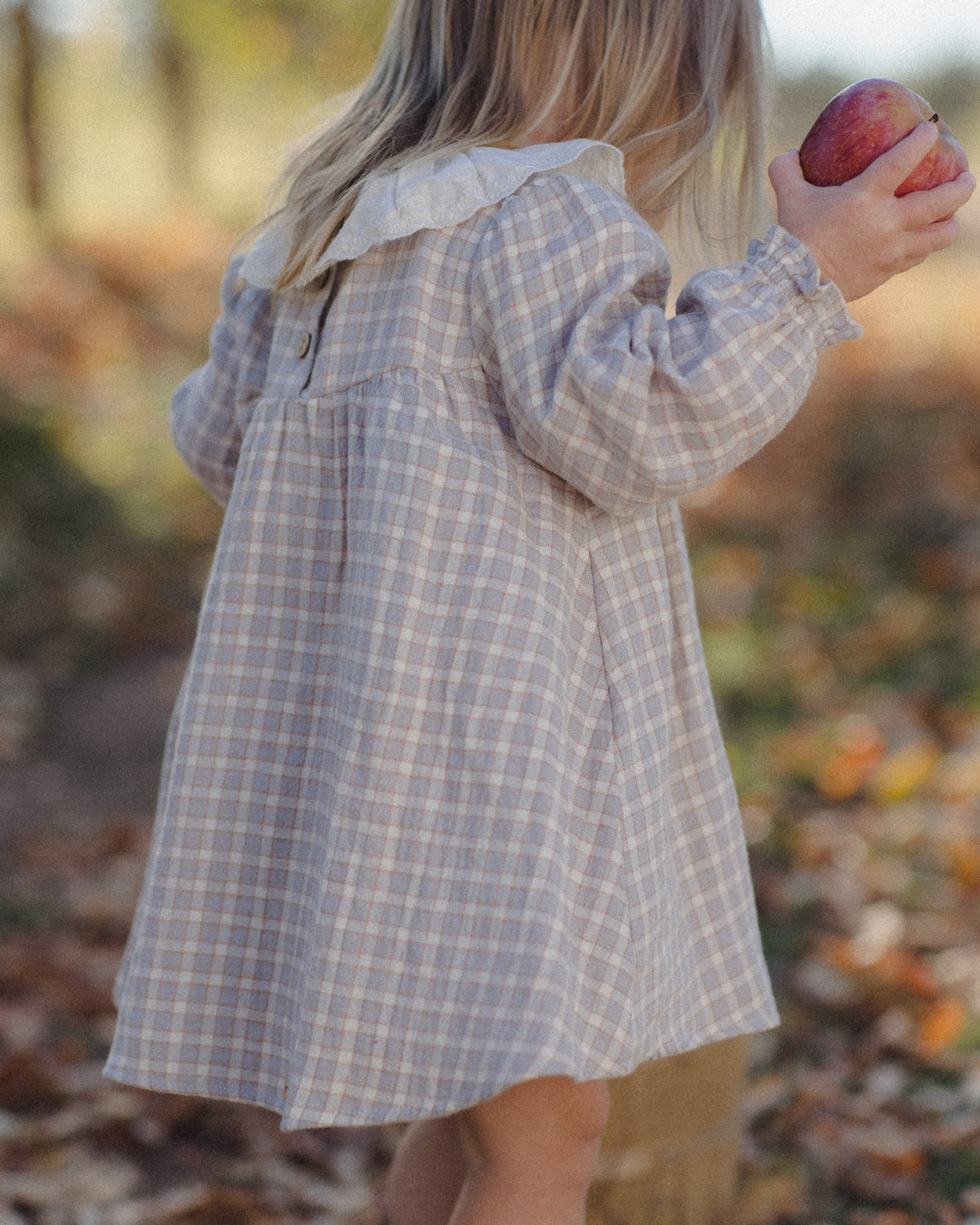 A young girl seen from behind wearing a light beige and white plaid dress with a ruffled collar, standing outdoors in a wooded area with fallen leaves and holding an apple.