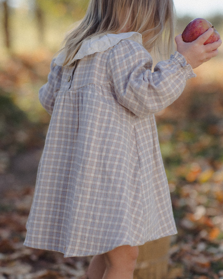 A young girl seen from behind wearing a light beige and white plaid dress with a ruffled collar, standing outdoors in a wooded area with fallen leaves and holding an apple.