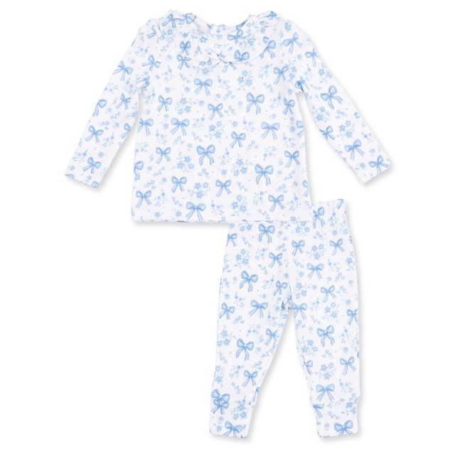 2 piece modal set, top and bottom with ruffle collar. white with light blue bows and flowers. 
