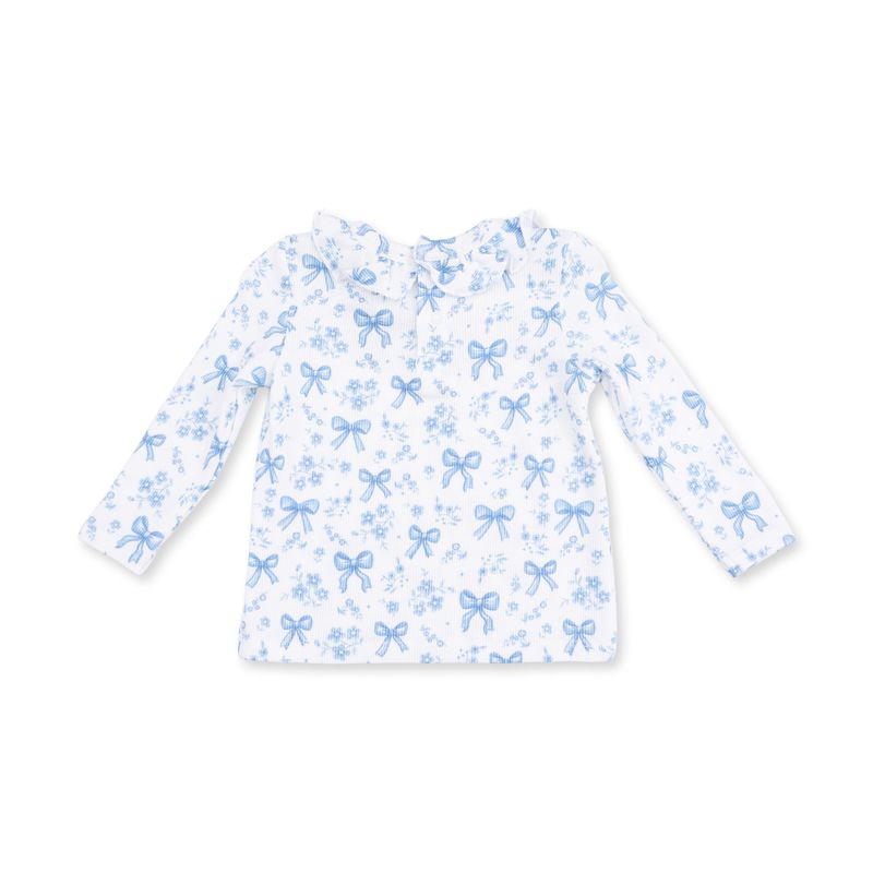the top to a 2 piece set in a white color with light blue bow and flower print. 