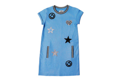 short sleeve blue dress with black sequin qppliques and checkered heart appliques