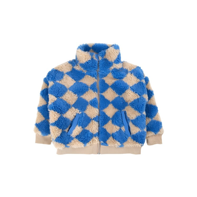 blue and cream harlequin sherpa, this view is the front. 