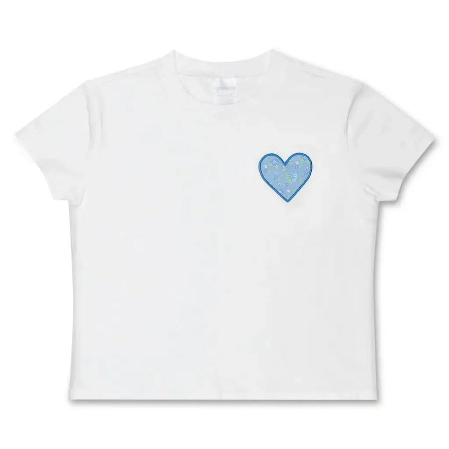 A white short-sleeve crewneck t-shirt featuring a small blue heart graphic on the left chest, displayed against a clean white background.