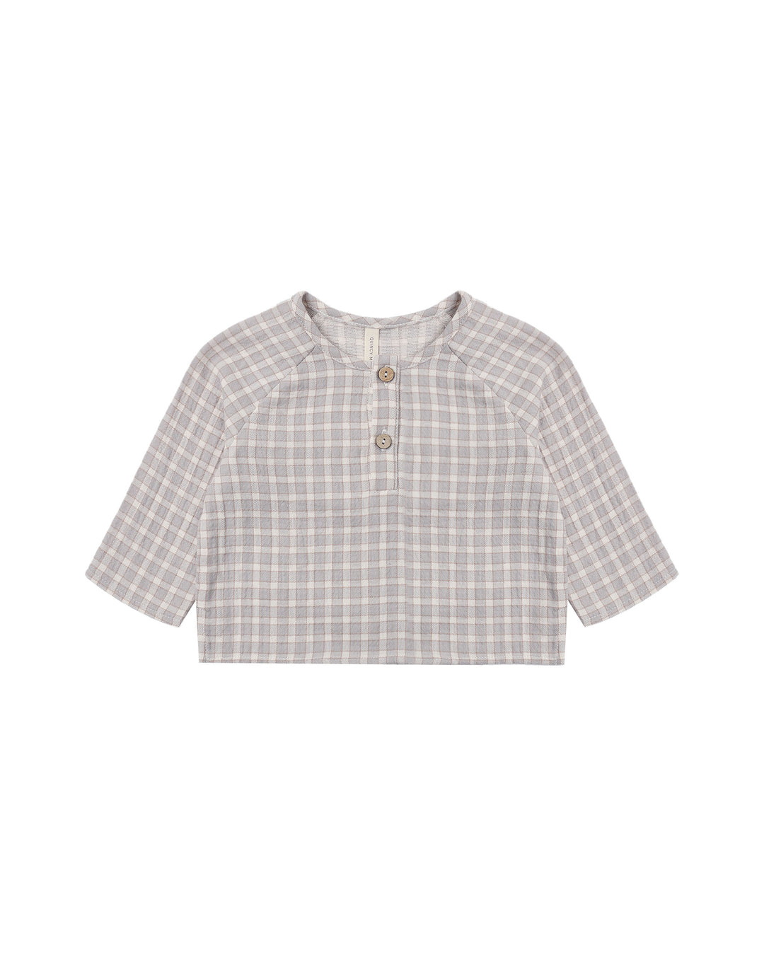 A short-sleeve children's henley top with a light gray and white plaid pattern, featuring a buttoned placket and three wooden buttons, displayed flat against a white background.