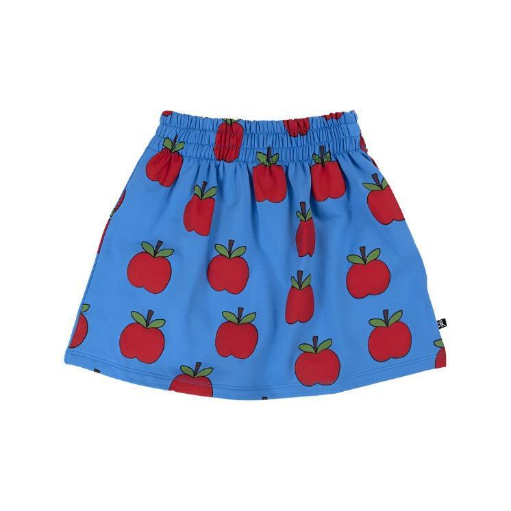 bright blue cotton skirt with elastic waist and red apples throughout 