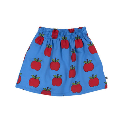 bright blue cotton skirt with elastic waist and red apples throughout 