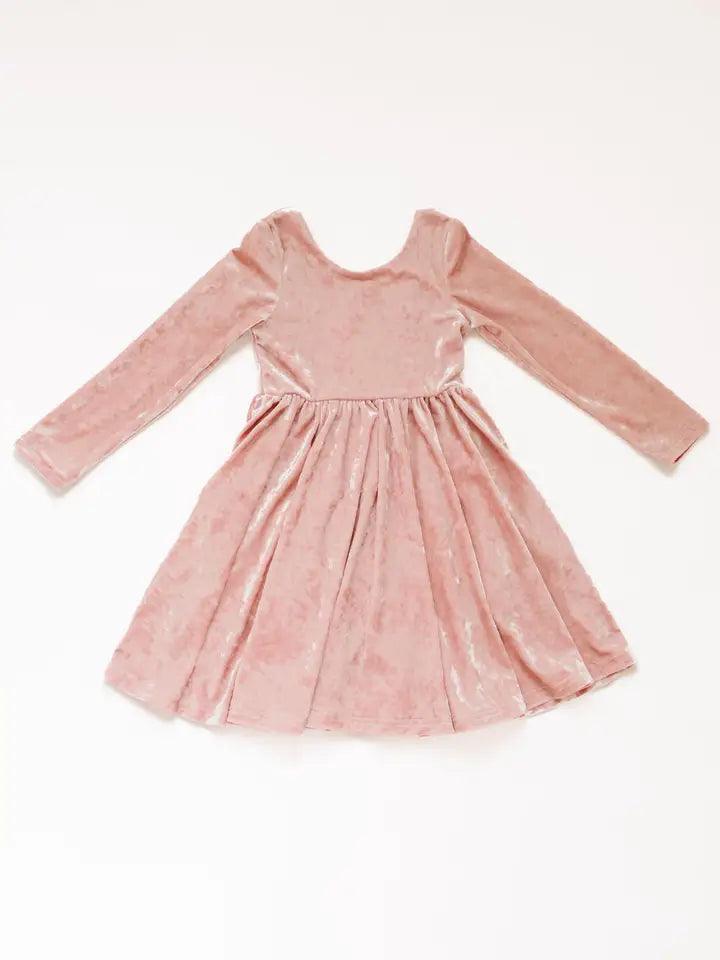 long sleeve pink velvet dress with full skirt. crushed blush velvet
