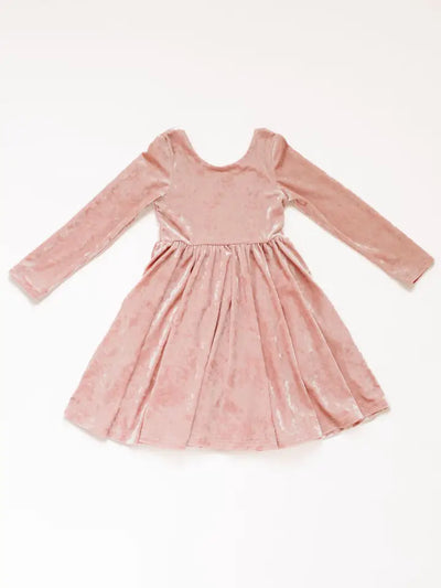 long sleeve pink velvet dress with full skirt. crushed blush velvet