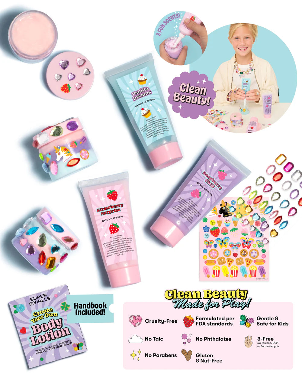 close up of the contents of the body lotion kit: gems, lotion and other elemnts to mix in. 