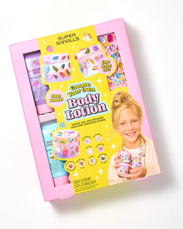 body lotion kit from super smalls in the packaging with a girl on the front. 