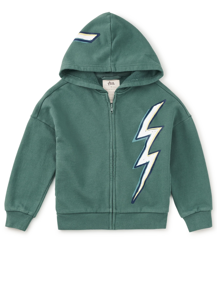 A green zip-up hoodie with a large white and blue lightning bolt graphic on the front, displayed flat against a white background.