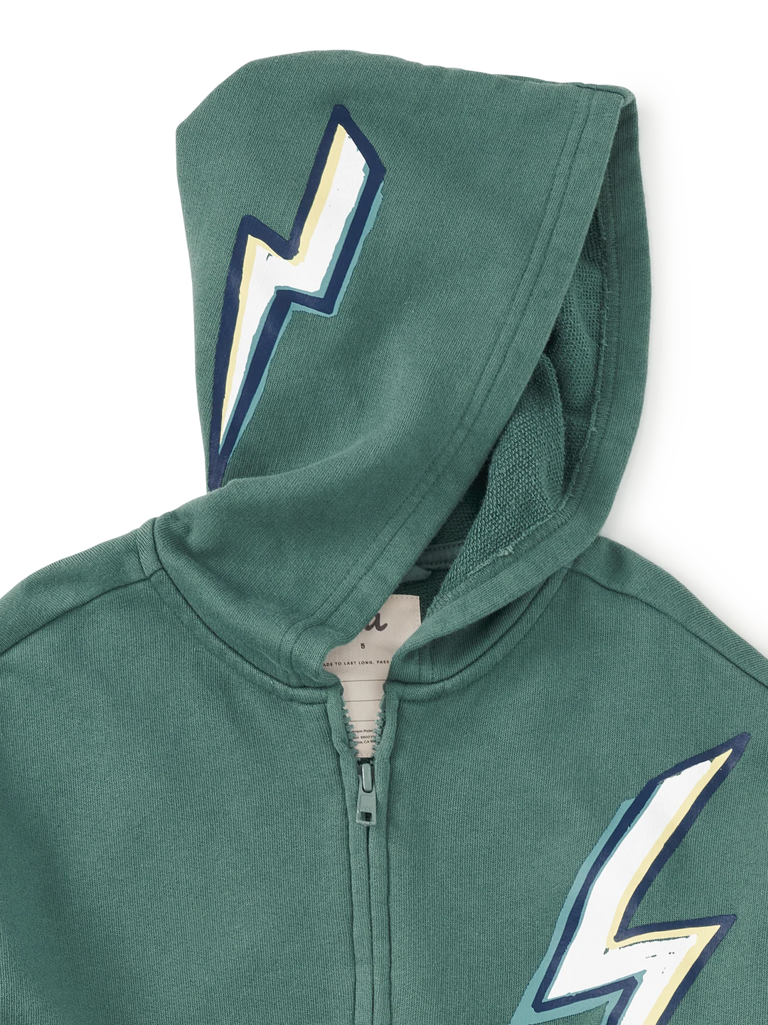 A close-up of a green zip-up hoodie featuring a large white, yellow, and navy blue lightning bolt graphic on the hood and lower front.