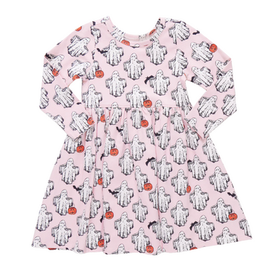 girls dress, long sleeve light pink with ghosts all over. Some ghosts are holding a bat and others a pumpkin