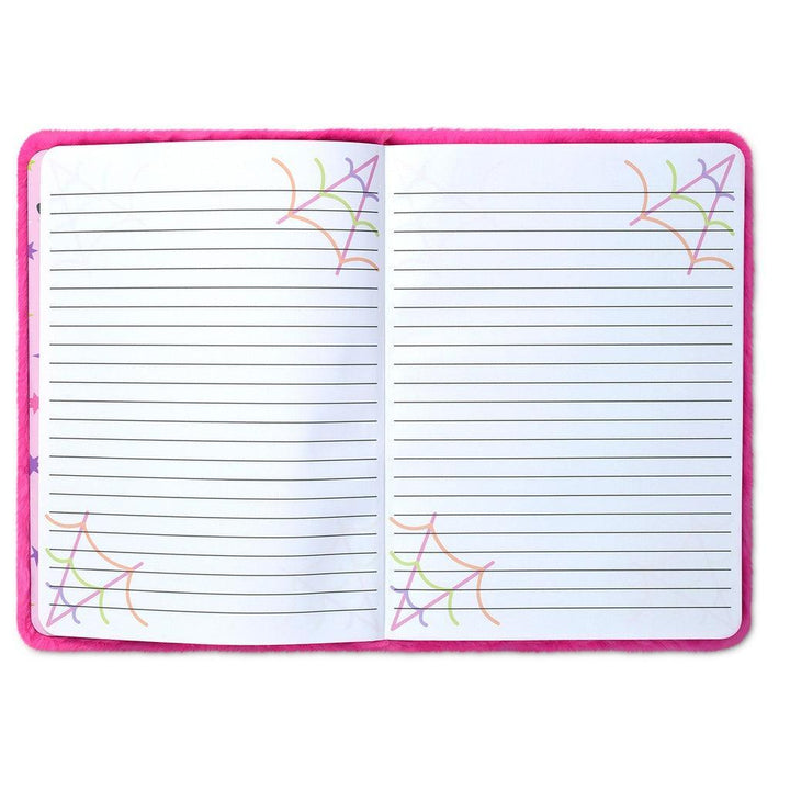 The inside of a halloween journal. Lined pages with webs in each corner