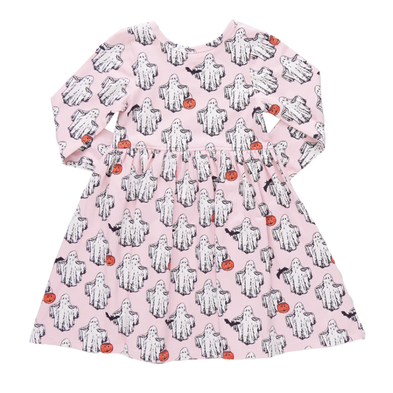 back of long sleeve dress, light pink with ghosts all over, some ghosts are holding a bat and some are holding a pumkin