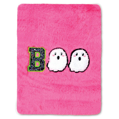 fuzzy pink journal with boo written on the front. the "B" is a letter B and the "o" is a ghost