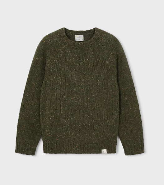 An olive green textured knit sweater with subtle multicolor flecks, featuring a crew neck and ribbed cuffs and hem, displayed flat against a light gray background.
