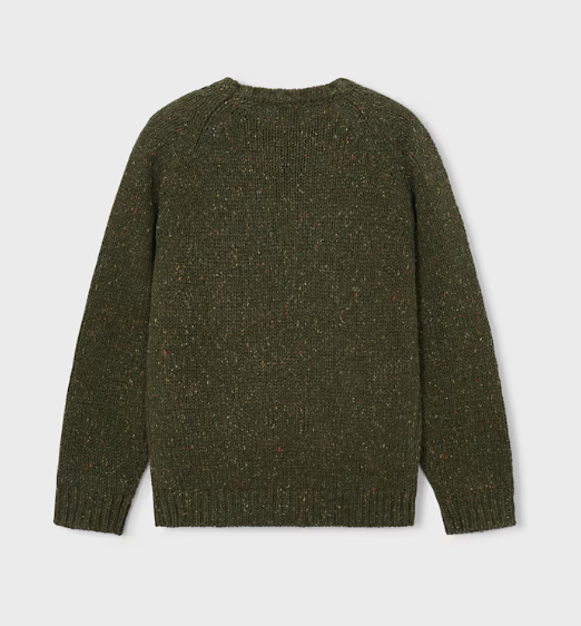 An olive green knit sweater with subtle multicolor flecks, shown from the back on a light gray background.