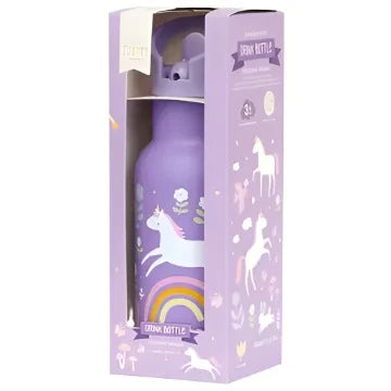 stainless steel water bottle, base color of purple with unicorns jumping over rainbows throughout. this picture is of the water bottle in packaging. 