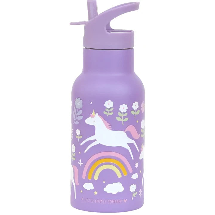 purple water bottle with unicorns jumping over rainbows all over the cup. 