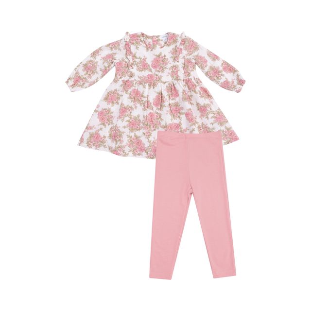 Floral dress and pink leggings set on a white background