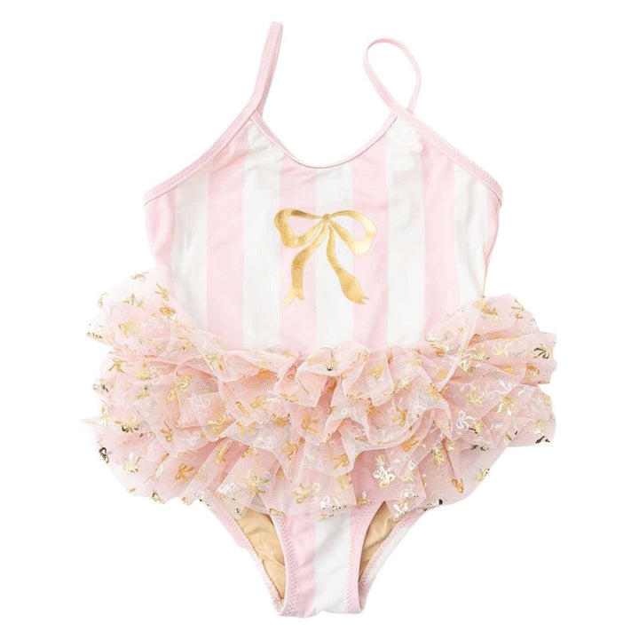 Pink and gold one-piece swimsuit with ruffled skirt on a white background