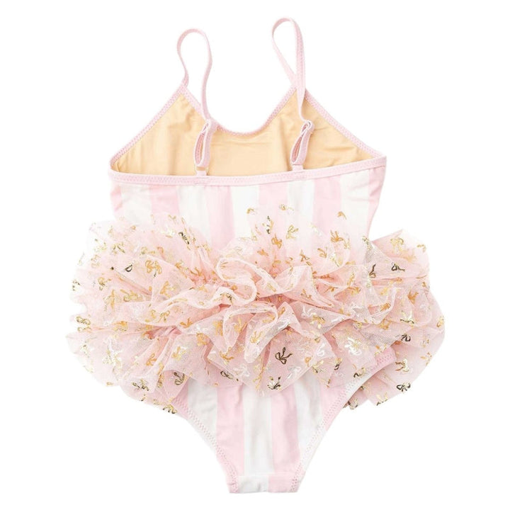 Pink and yellow baby romper with floral details on a white background