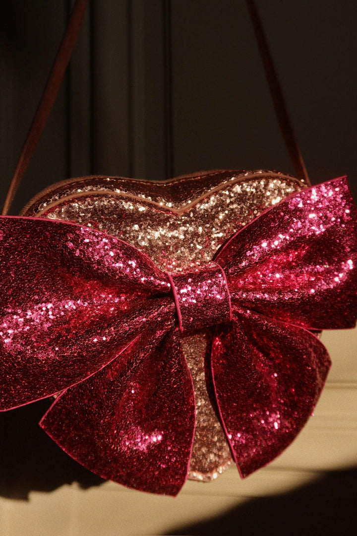 close up of bow bag in the twilight as the light hits the sparkles. 