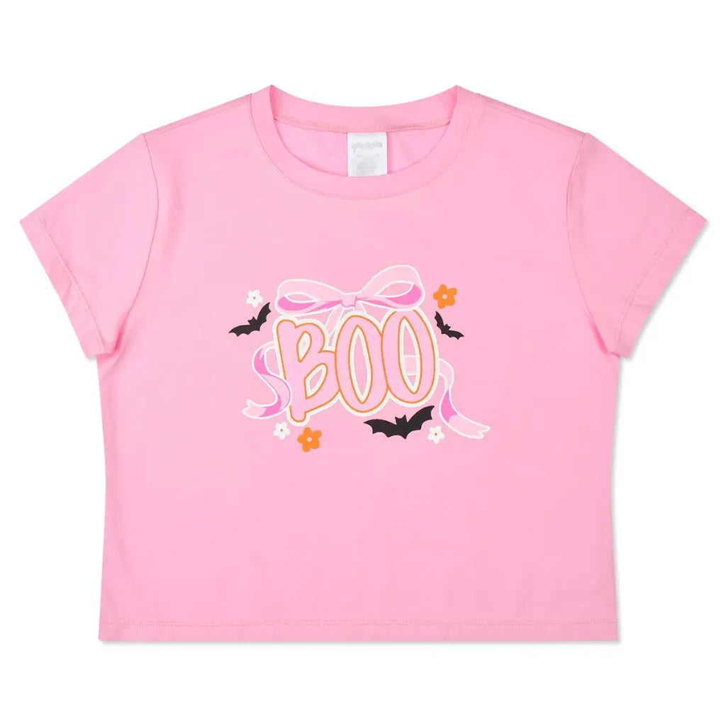 A pink short-sleeve kids' t-shirt featuring a 'BOO' Halloween graphic on the front with a pink bow, bats, flowers, and white butterflies.