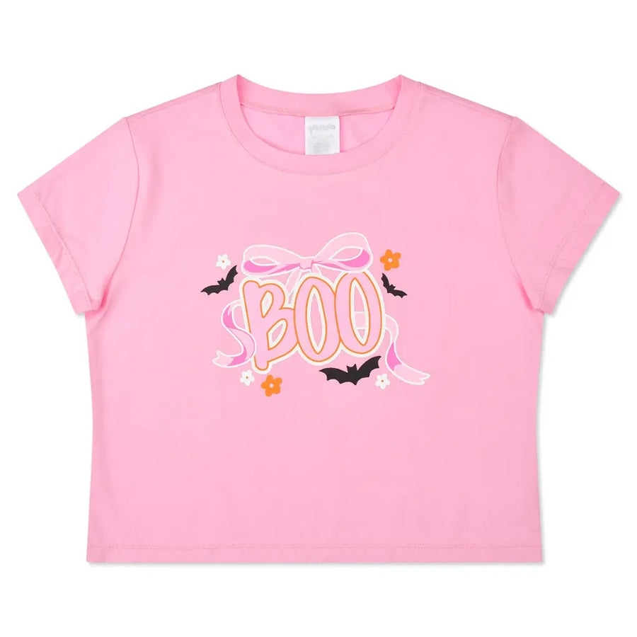 A pink short-sleeve kids' t-shirt featuring a 'BOO' Halloween graphic on the front with a pink bow, bats, flowers, and white butterflies.