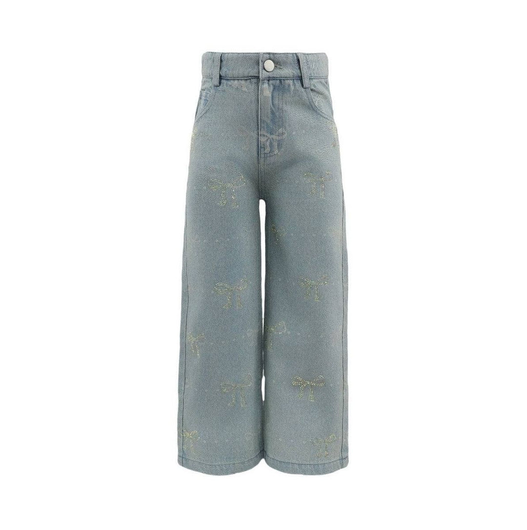 A pair of wide-leg cropped jeans in a light blue denim wash, featuring a subtle all-over white bows pattern, shown against a plain white background.