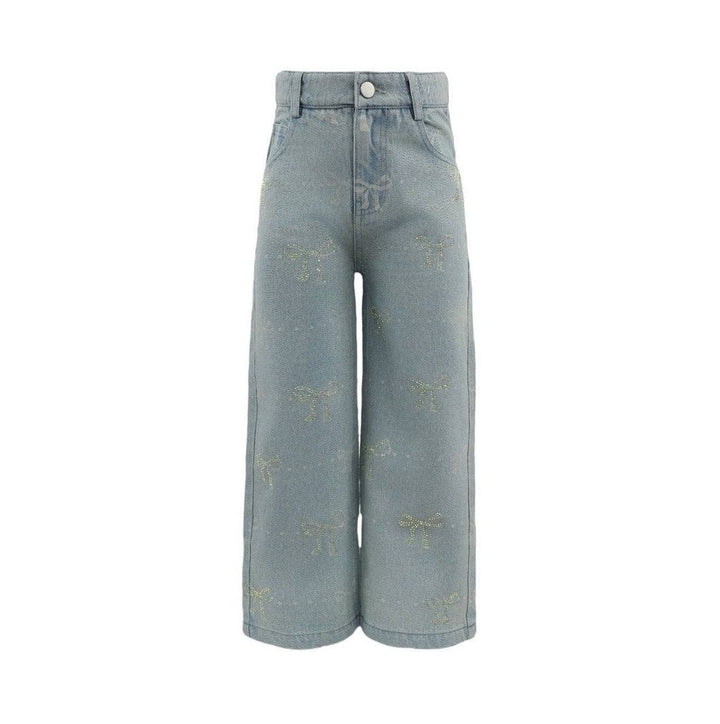 A pair of wide-leg cropped jeans in a light blue denim wash, featuring a subtle all-over white bows pattern, shown against a plain white background.