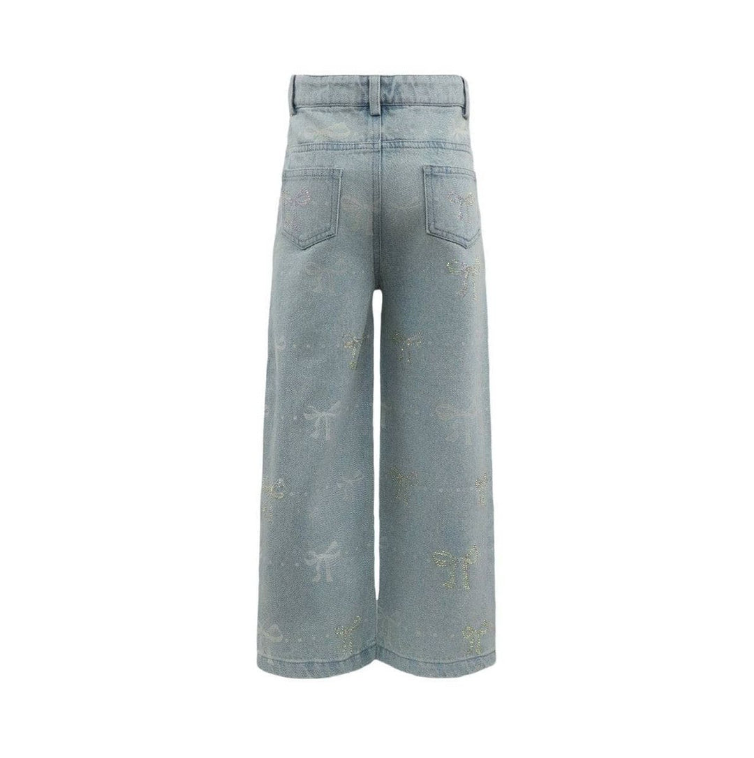 Light blue wide-leg denim pants shown from the back, featuring a high waist, two back pockets, and subtle distressed fading.