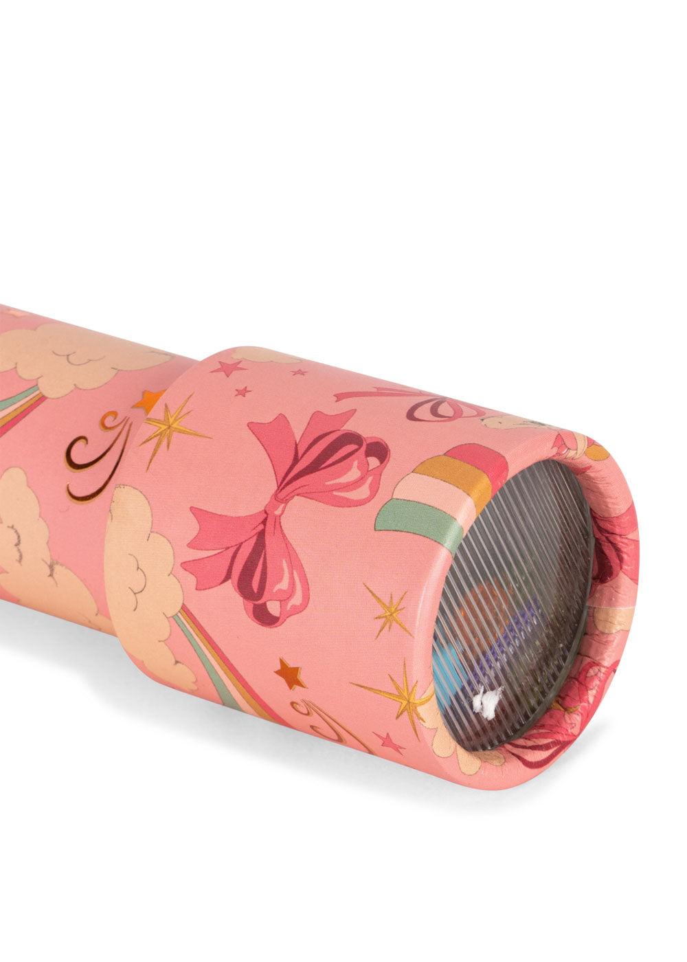 close up of the print bows, rainbow and unicorn. rosy pink color