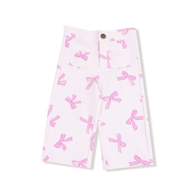 wide leg pants with pink bow print all over the pants 